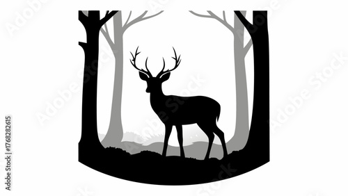 Majestic deer silhouette standing peacefully in a tranquil forest clearing, great for nature designs