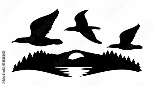 Majestic seagulls soaring over serene landscape with mountain range and calm waters in silhouette
