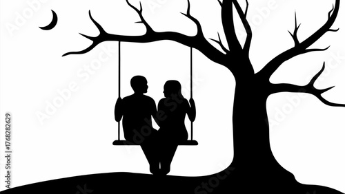 Romantic silhouette of couple on swing under moonlit tree conveys love and togetherness beautifully