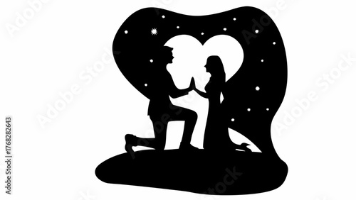 Romantic proposal under starry sky, couple silhouette, timeless love, memorable moment, vector origin