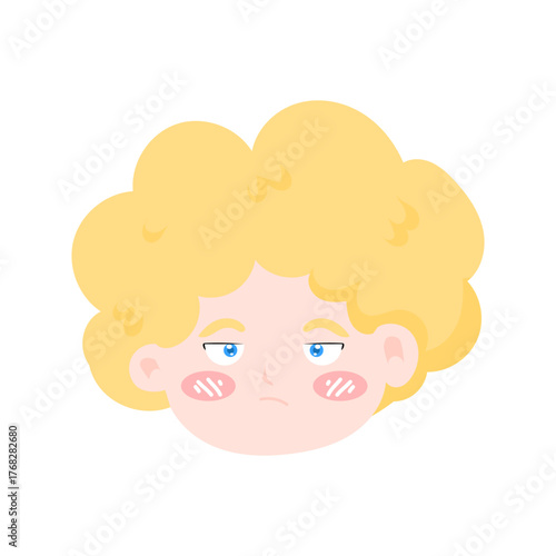 kawaii blonde head variant expression. emoji boy,Chubby Cheeks and Curly Hair, Cartoon Style. angle head expression