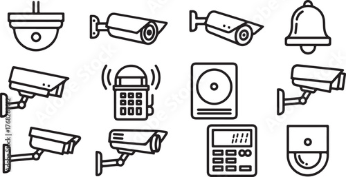 Minimalist Black and White Security System Technology Icons Grid
