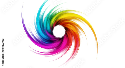 Dynamic rainbow swirl, creating a visually striking and vibrant abstract design element, against a