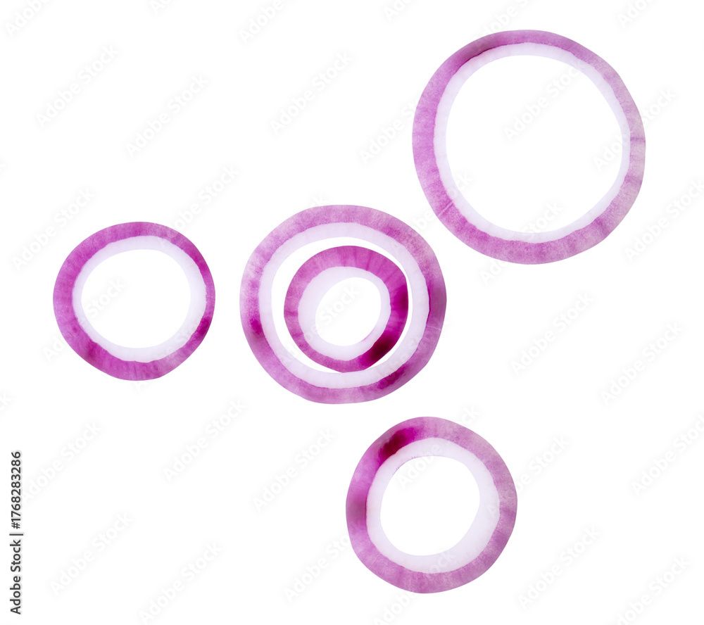 Obraz premium Top view set of fresh red or purple Spanish onion rings or slices in stack isolated on white background with clipping path