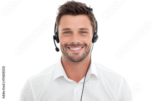 Professional customer service representative with headset smiling while assisting clients with technical support offering a helping hand as a friendly call center employee