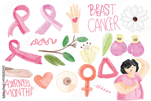 Collection of Breast Cancer Awareness Month Illustrations and Symbols for Support and Health Campaigns