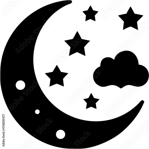 Dreamy crescent moon with stars and cloud, a celestial night scene, perfect for bedtime stories, nursery decor, and magical designs with a calming, sleepy mood