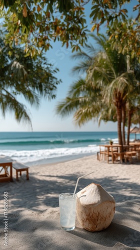 Wallpaper Mural Fresh Coconut Drink on Sandy Beach Under Palm Trees with Ocean Waves and Blue Sky in Daytime Tropical Paradise Torontodigital.ca