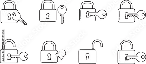 Minimalist Outline Padlock and Key Icons Set on White Background