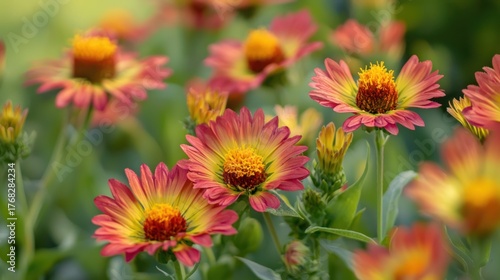 Pink and yellow flowers with green leaves in a garden setting.