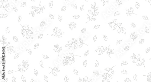 Subtle hand-drawn seamless pattern featuring delicate outlines of various leaves and branches scattered across a pristine white background.