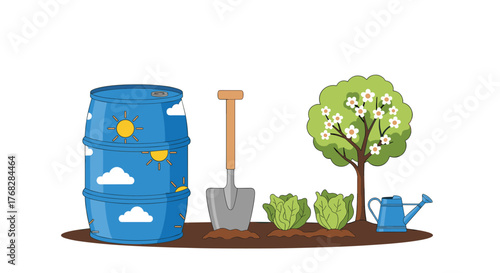 Illustration of a small home garden with a blue rain barrel, shovel, lettuce plants, a flowering tree, and a watering can.