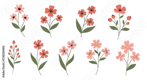 Charming set of delicate pink and coral floral illustrations featuring various flower and berry designs with green leaves on white.