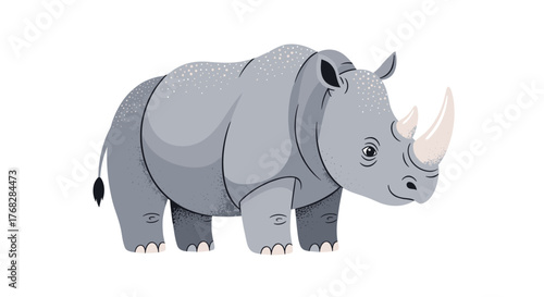 An adorable gray rhinoceros illustration stands proudly on a white background, featuring its iconic horns and textured skin.
