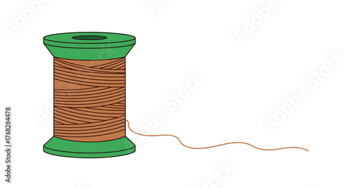 A green spool holds tightly wound brown thread, with a single strand gently unwinding and curving on a clean white background.