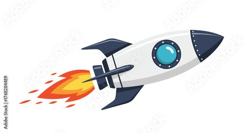 A stylized white and blue rocket with a fiery exhaust trails upwards, symbolizing launch, innovation, and ambitious progress.