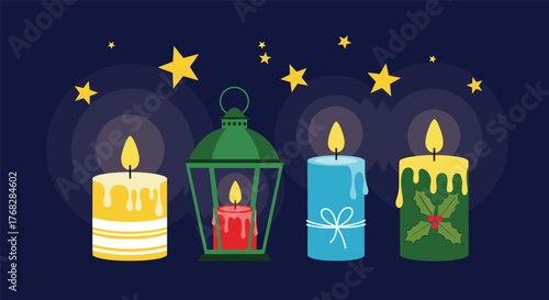 An enchanting illustration featuring a variety of lit decorative candles and a lantern, radiating warmth under a magical starry night.