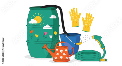 Gardening tools and rainwater harvesting setup, including a rain barrel, watering can, and hose, illustrating sustainable water use.