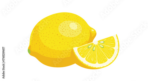 An illustration of a whole lemon fruit and a fresh, juicy lemon wedge on a white background.