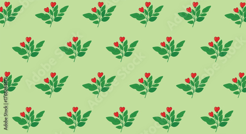 Seamless pattern with green branches adorned by charming red heart-shaped leaves on a soft light green background, ideal for romantic and natural designs.