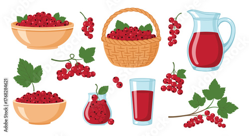 Various delightful illustrations of fresh red currants, including berries in bowls and a basket, juice in a pitcher and glass, and sprigs with green leaves.