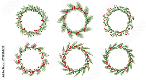Collection of festive Christmas wreaths with evergreen branches and red berries on a white background, perfect for holiday season designs and greetings.