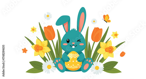 Cute blue Easter bunny winks and holds a decorative egg among colorful spring flowers, symbolizing joy and celebration.