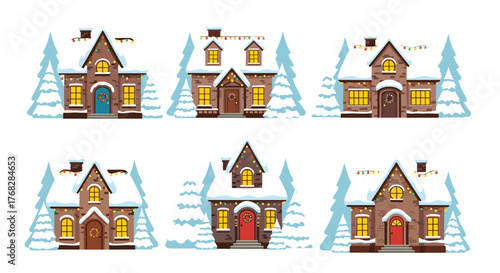 Various charming winter houses adorned with snow and colorful Christmas lights, creating a festive holiday village scene.