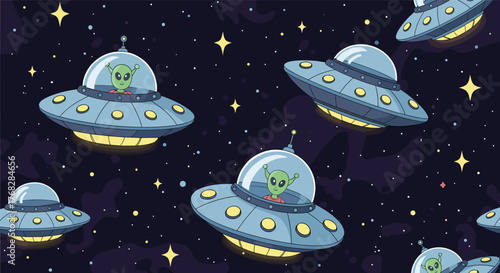 Whimsical outer space seamless pattern with cheerful green aliens in blue flying saucers, happily exploring the starry galaxy.