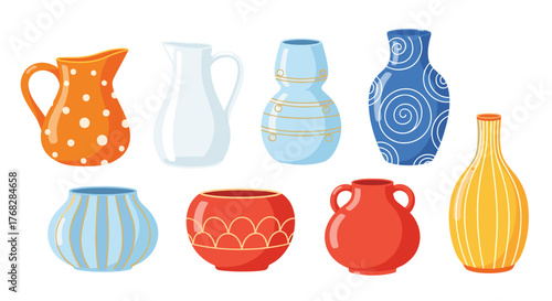 A vibrant collection of ceramic vases and pitchers in various shapes, colors, and patterns, showcasing artistic pottery.
