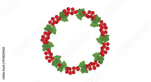 Vibrant red currant and green leaf wreath illustration, forming a festive circle on a clean white background, ideal for various designs.