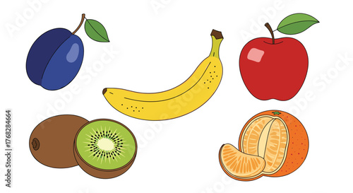 A vibrant assortment of fresh, healthy fruits including a plum, banana, apple, kiwi, and orange, arranged on a clean white background.