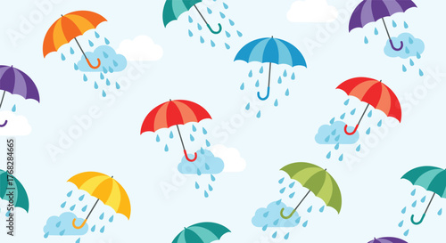 A cheerful and colorful seamless pattern featuring various umbrellas catching raindrops from small clouds on a light blue background.
