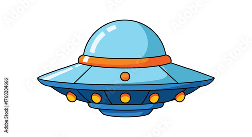A playful cartoon illustration of a classic blue and orange flying saucer, an unidentified extraterrestrial spacecraft with bright yellow lights.