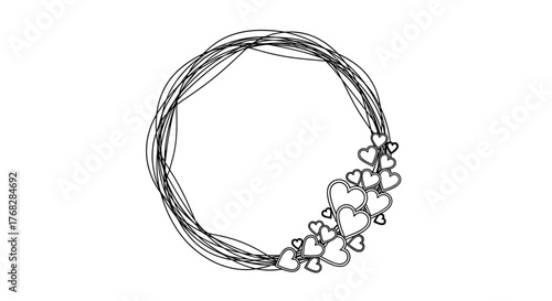 Elegant hand-drawn circular frame with multiple thin lines, accented by a decorative cluster of outline hearts on the bottom right.