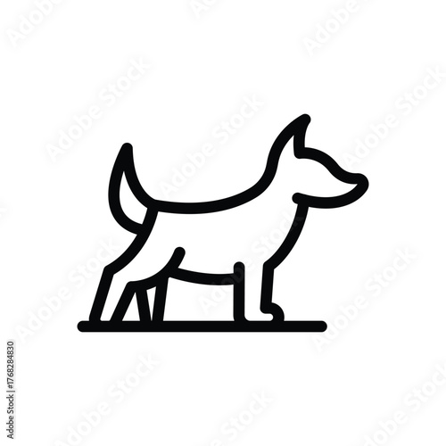 Black outline drawing of a dog standing with pointed ears and tail up on a line