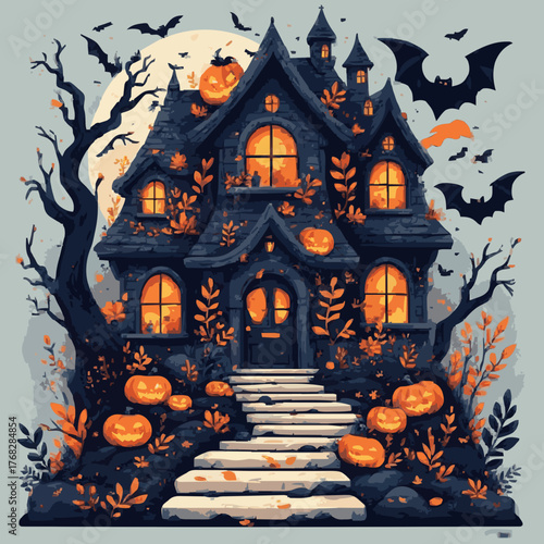 Halloween background with haunted house and pumpkin