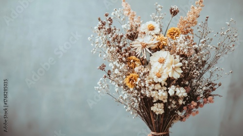 Fototapeta Naklejka Na Ścianę i Meble -  A dried flower arrangement with white and yellow flowers and brown stems on a blue background.