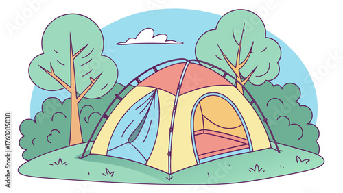 Plan your summer camping trip with this inviting tent scene, perfect for outdoor adventure promotions and family vacation designs, embrace the great outdoors