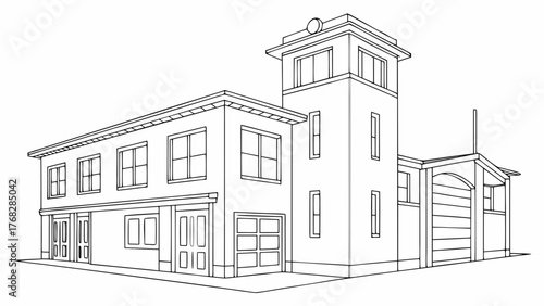 Detailed blueprint of a fire station with a tower, perfect for architectural drawings, city planning, or educational materials about community services