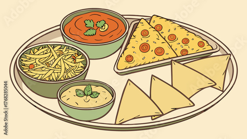 Delicious appetizer platter with pizza triangles, chips, and savory dips ready for sharing at a cheerful gathering, perfect for social media food promotion
