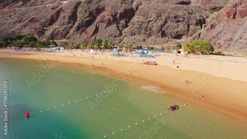 Aerial landscape views of the Playa de Las Teresitas from the San Andres village. San Andres is a village located on the island of Tenerife in the Canary Islands. Explored by Drone POV.
