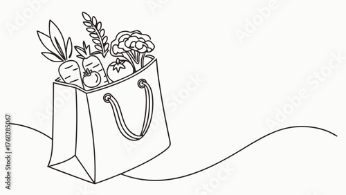 Fresh produce in tote bag line art for healthy lifestyle marketing, minimalist grocery shopping concept, farmer's market finds, simple organic food illustration