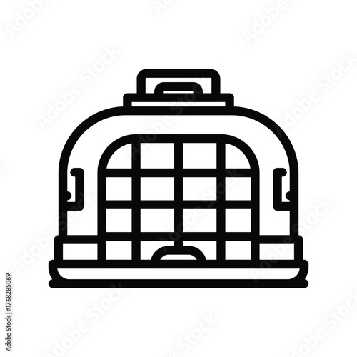 Black outline of a pet carrier cage with a grid front handle on top and base