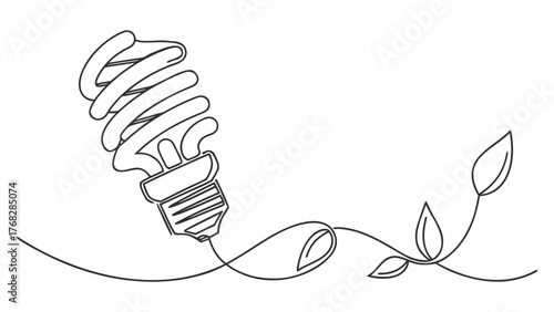 Inspiring eco-friendly innovation, a single line art showing energy-saving lamp with growing leaves, symbolizing sustainability and environmental consciousness beautifully