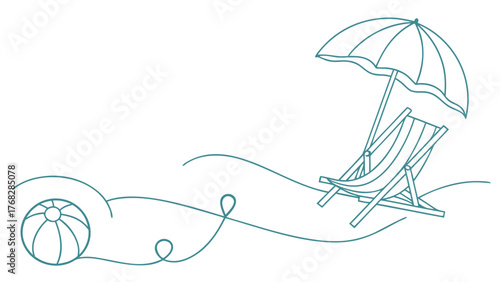 Dreamy beach escape illustration with beachball, umbrella, and lounge chair, perfect for summer vacation designs and coastal lifestyle projects, simple line art