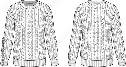 Cable knit sweater front and back technical fashion flat sketch, winter pullover apparel design, detailed cad drawing flat vector illustration