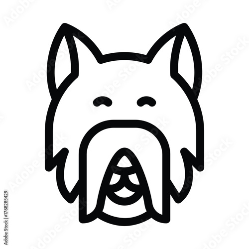 Blackoutlined stylized canine head with pointy ears curved eyes a beardlike feature and mouth area detail
