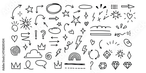 Sketch line arrow element, star, heart shape. Hand drawn doodle sketch style circle, cloud speech bubble grunge element set. Arrow, star, heart brush decoration. Vector illustration