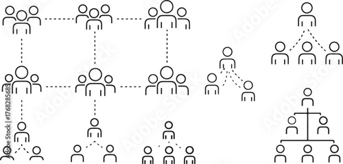 Black Outline People Icons Network Structures on White Background